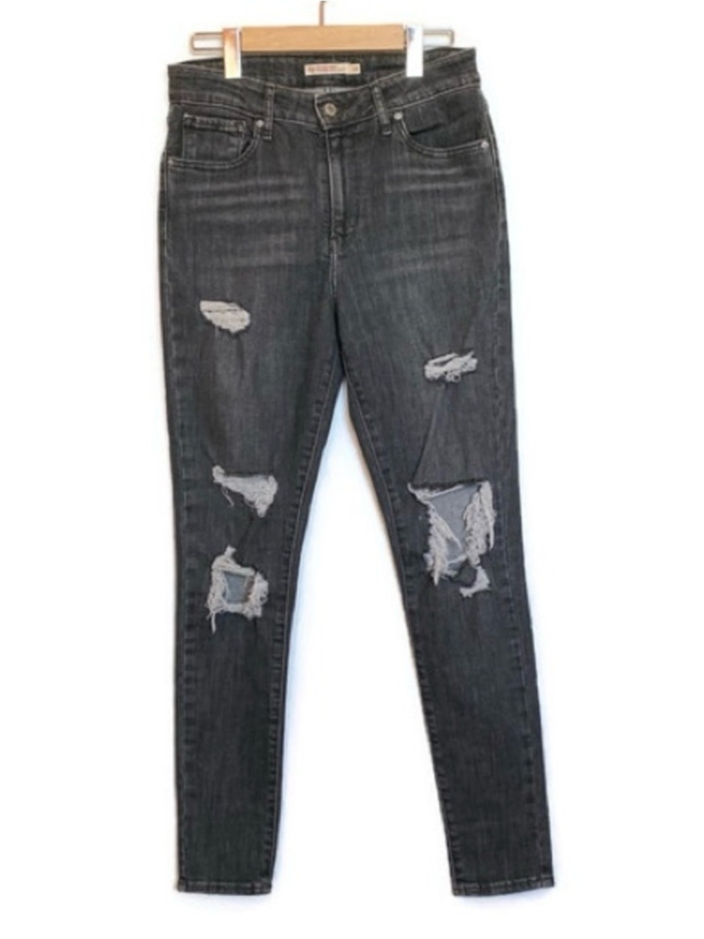 LEVI’S 721 High Rise Distressed Ripped Skinny Jeans Black - Picture 3 of 10